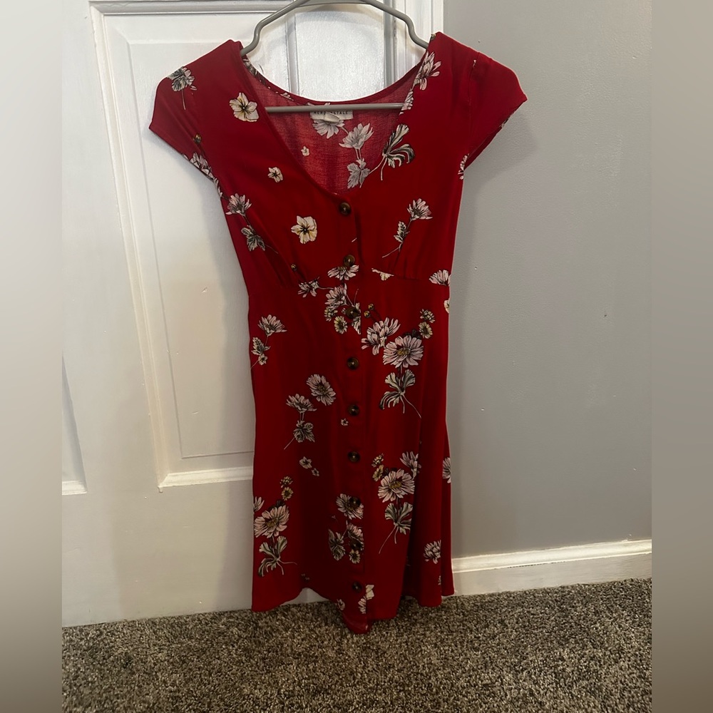 Aeropostale Red Button up dress with White flowers and a lace up back size XS